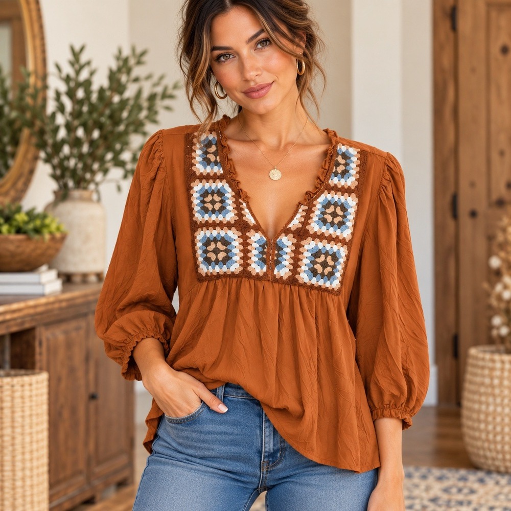 Grand & Greene Rust Orange Crochet Granny Square Boho Babydoll Blouse Medium